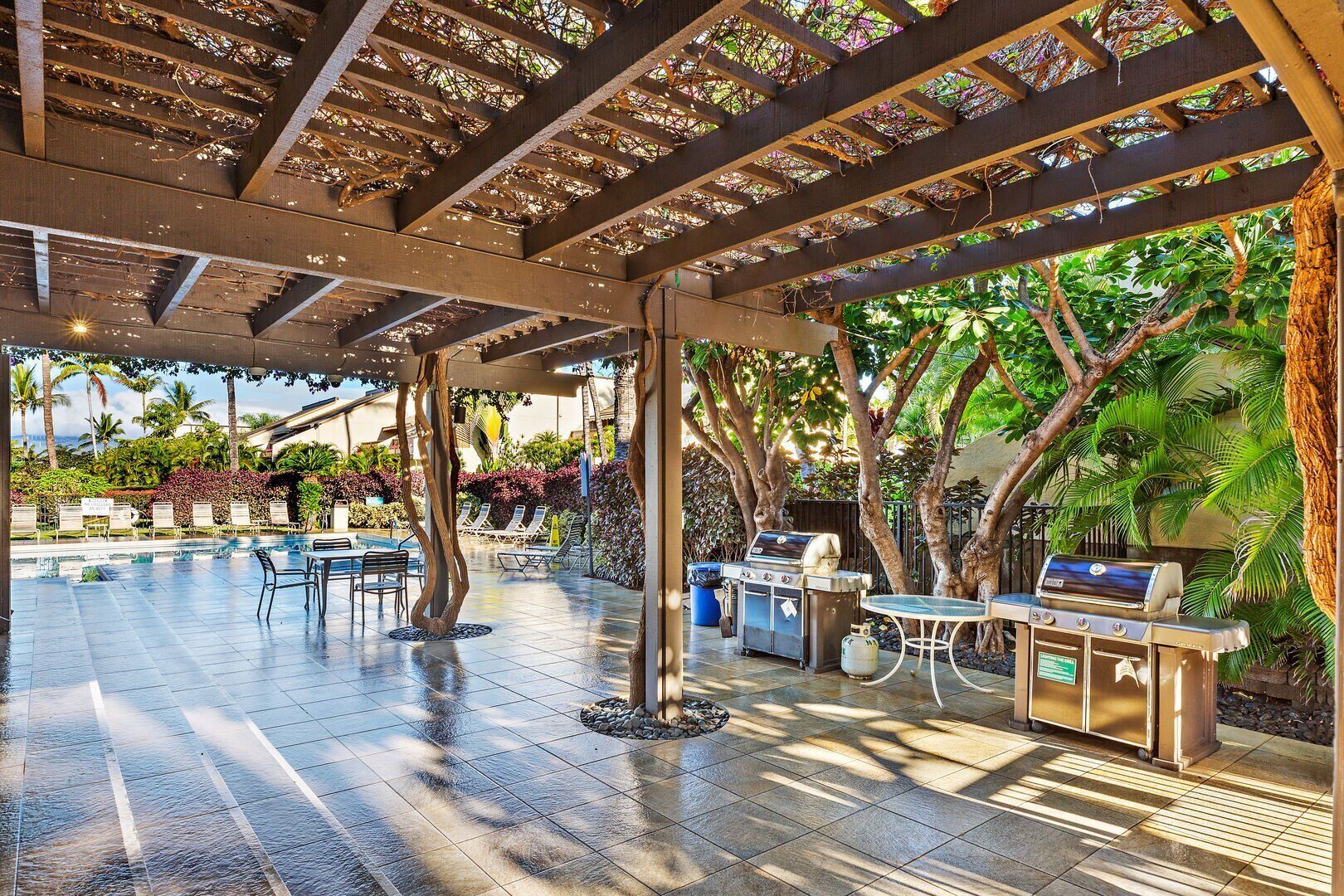 Covered barbecue area beside the pool