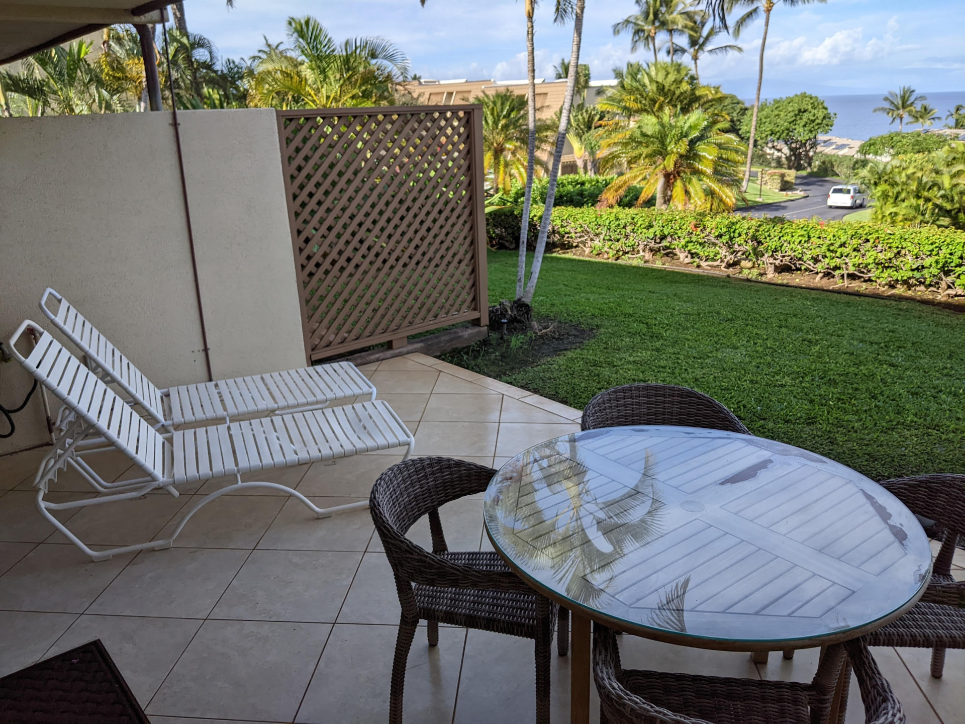 Private lanai looking across the lawn to the Pacific