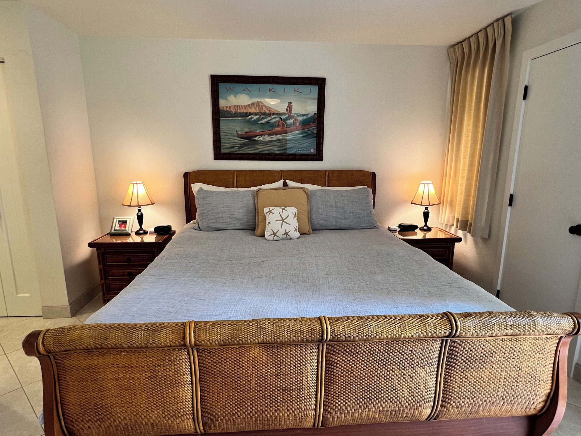Front view of the king bed and rattan frame