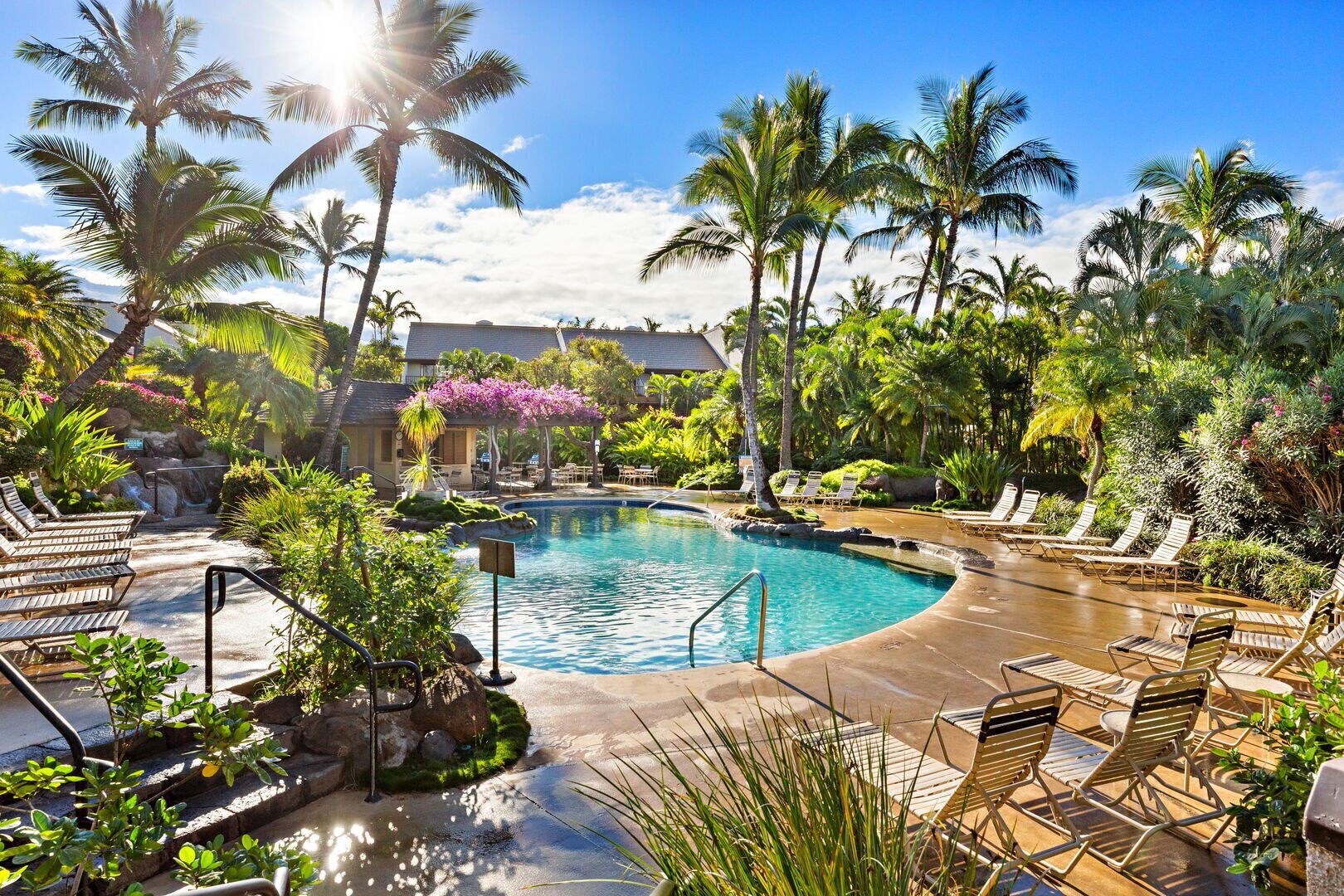 Lagoon-style pool surrounded by tropical gardens