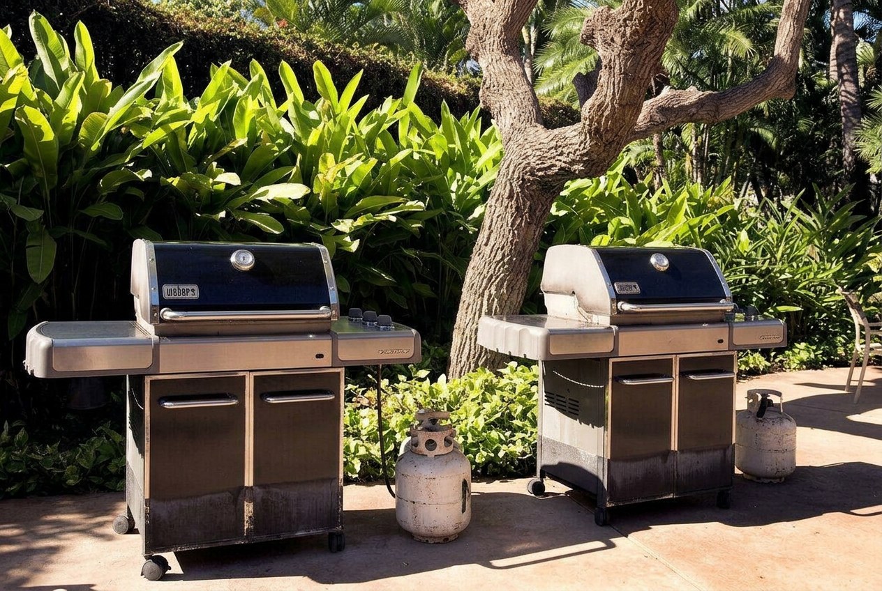 Two stainless steel barbecue grills by the upper pool in the tropical grounds