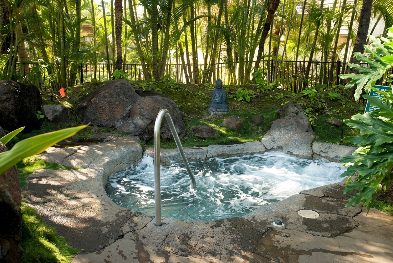Rock-lined spa with churning water beside the upper pool, surrounded by tropical greenery